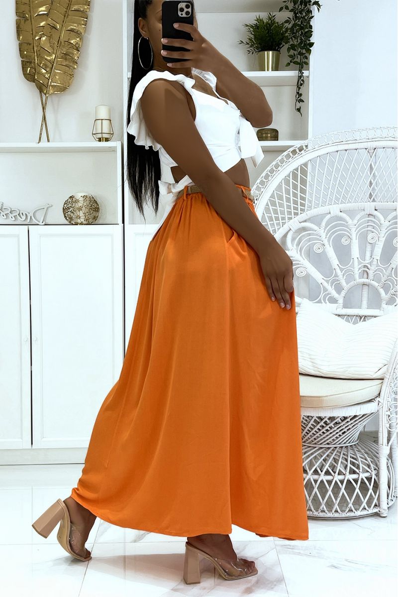 Longue jupe orange hyper fluide effet lyn élastique à la taille à ceinture en paille fine - 3