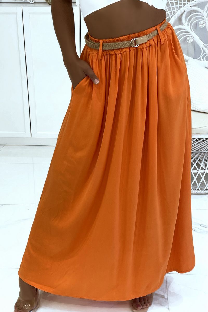 Long super fluid orange lyn-effect skirt with elastic waistband and fine straw belt - 5