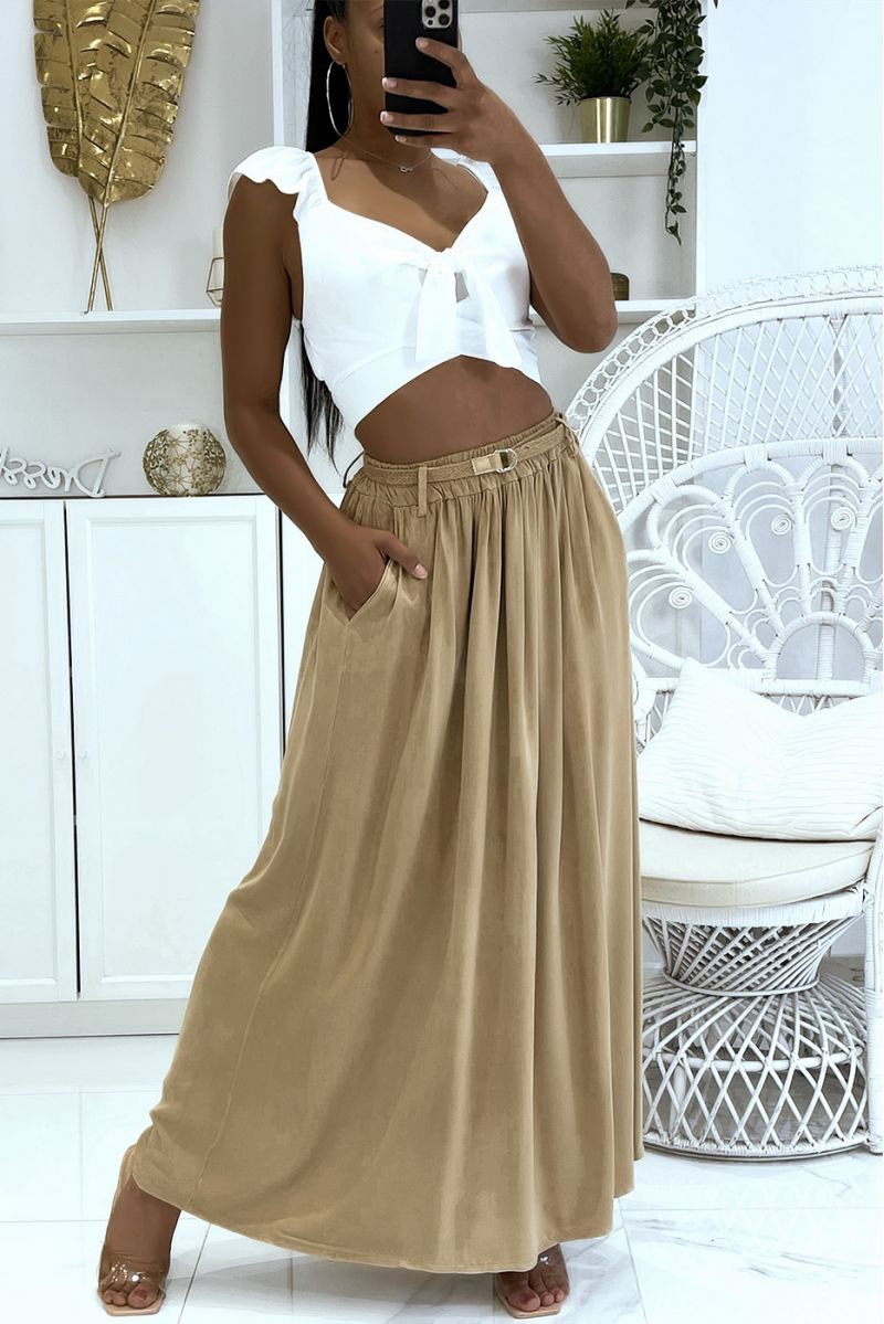 Long super fluid camel lyn-effect skirt with elastic waistband and fine straw belt - 1