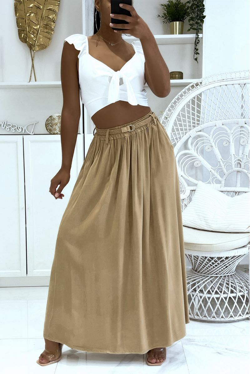 Long super fluid camel lyn-effect skirt with elastic waistband and fine straw belt - 2