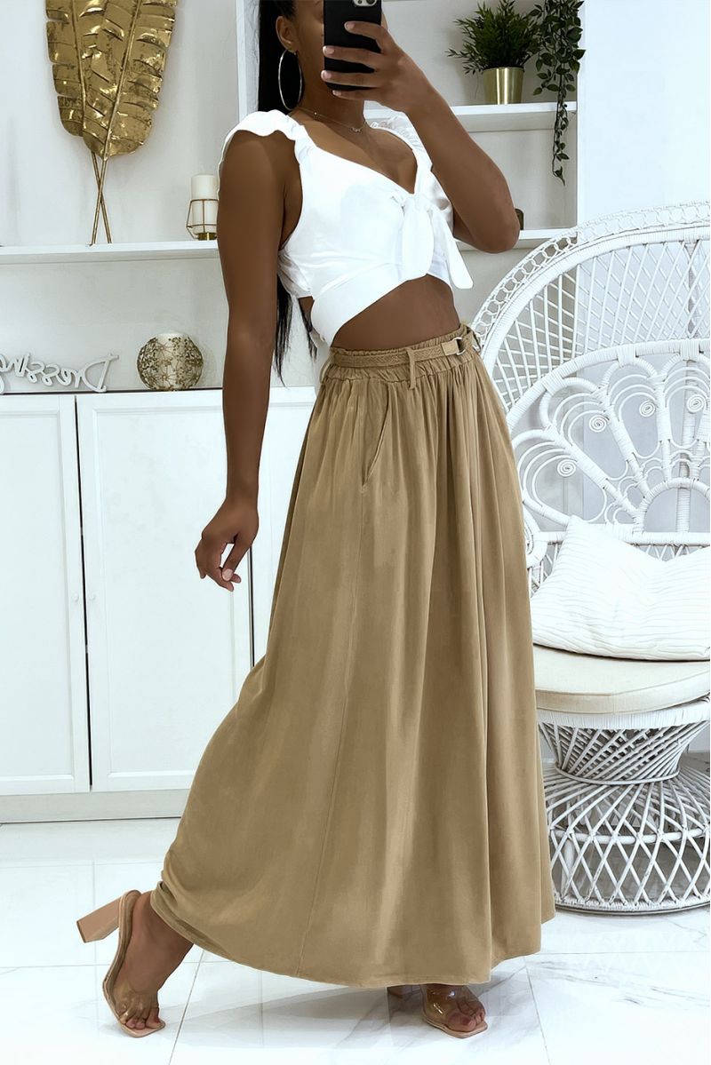 Long super fluid camel lyn-effect skirt with elastic waistband and fine straw belt - 3