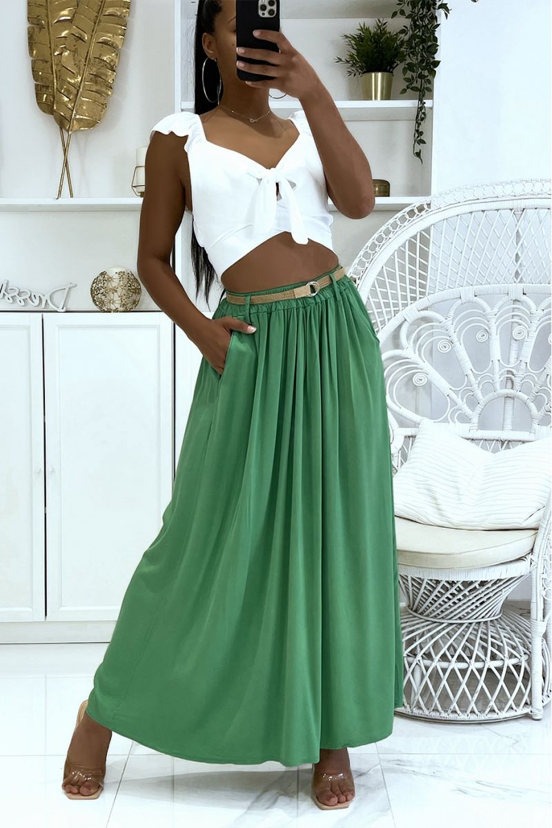 Long super fluid green lyn-effect skirt with elastic waistband and fine straw belt - 1