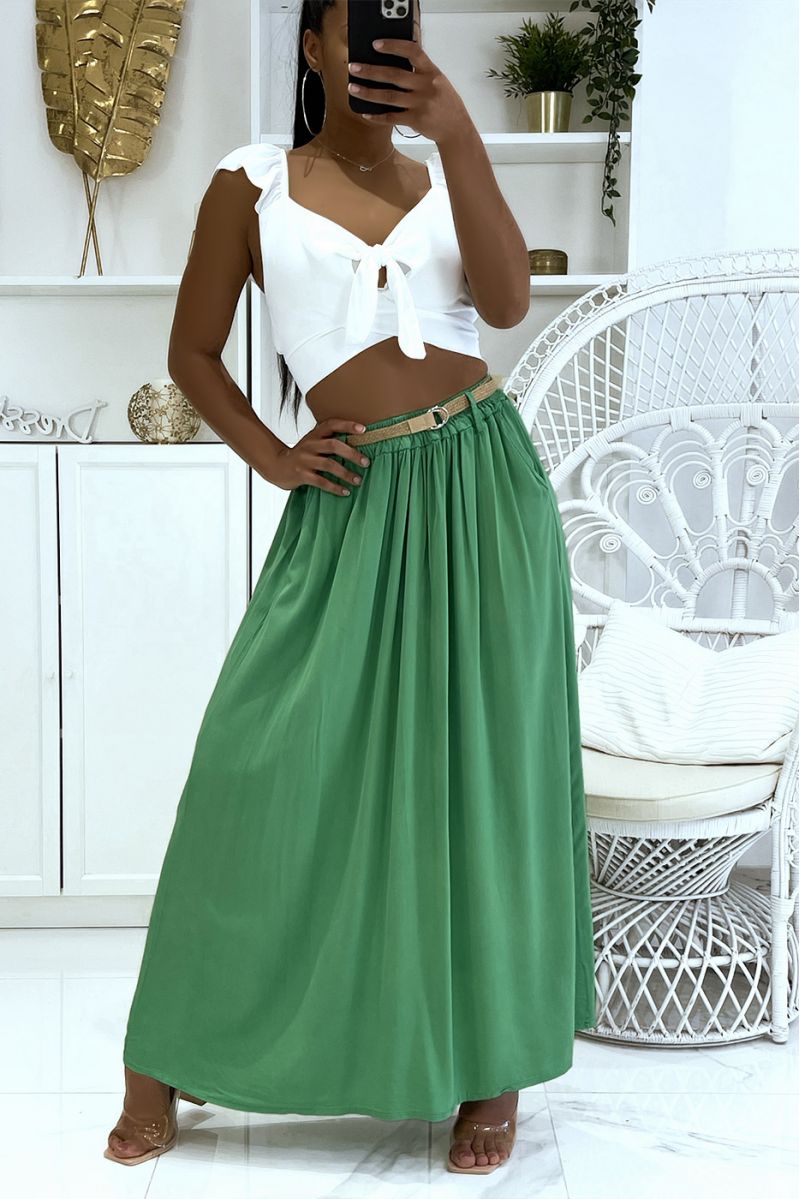 Long super fluid green lyn-effect skirt with elastic waistband and fine straw belt - 2