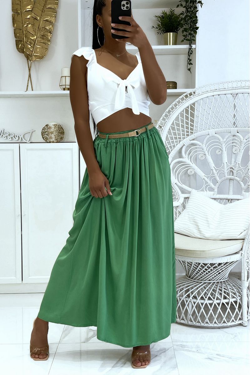 Long super fluid green lyn-effect skirt with elastic waistband and fine straw belt - 3