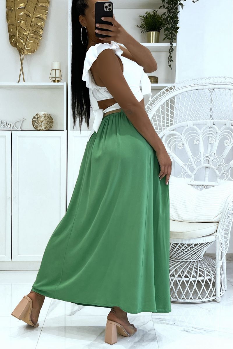 Long super fluid green lyn-effect skirt with elastic waistband and fine straw belt - 4