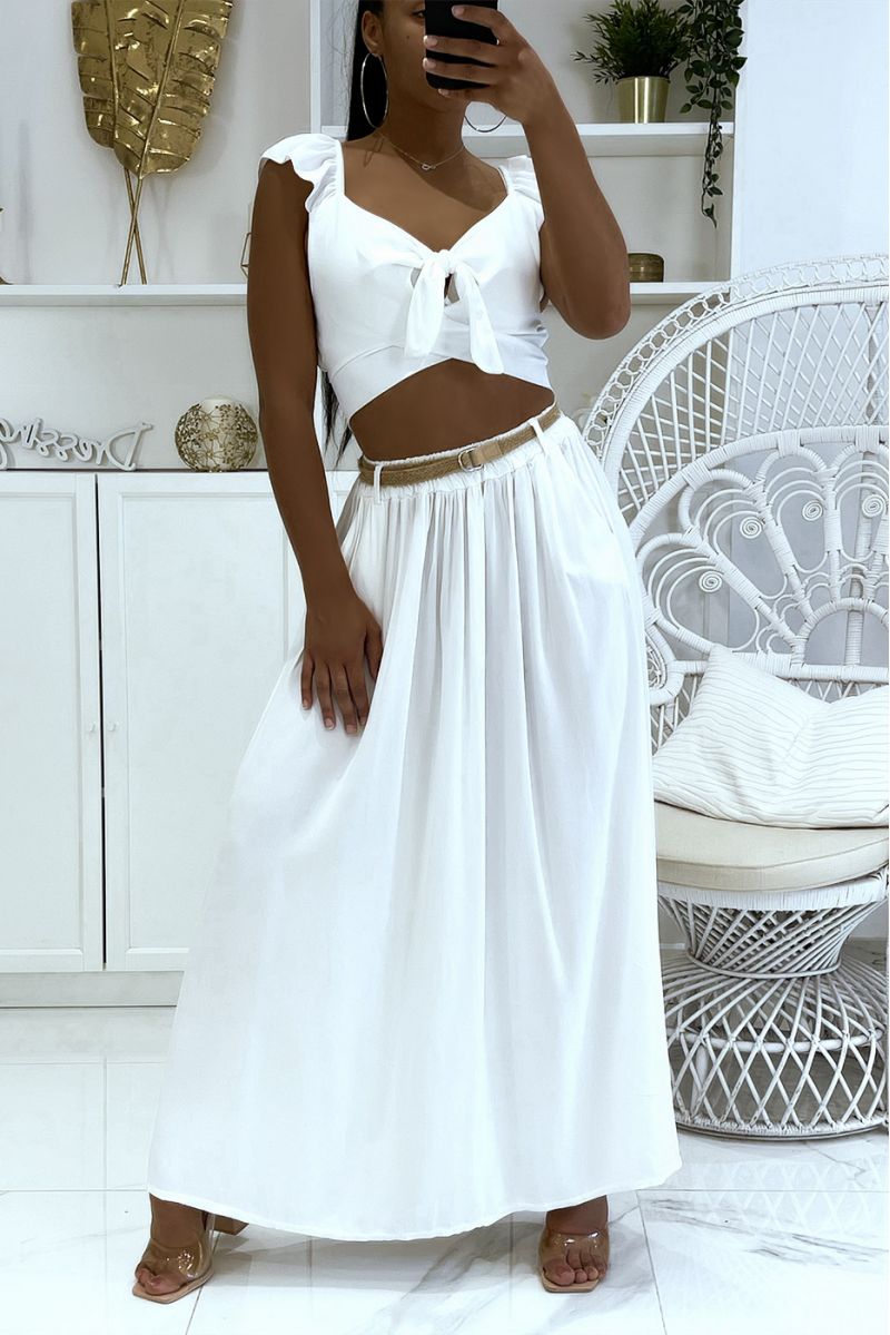 Long super fluid white lyn-effect skirt with elastic waistband and fine straw belt - 2