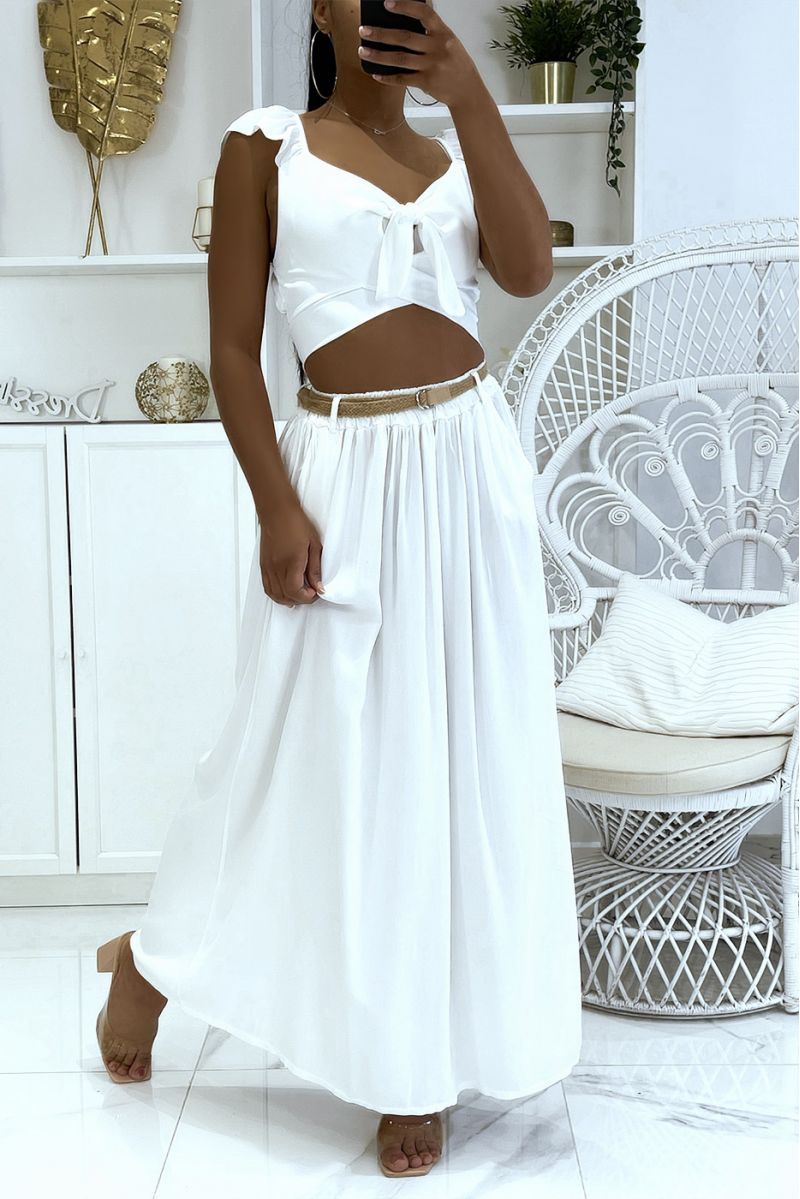 Lange supervloeiende witte rok met lyn-effect, elastische tailleband en riem van fijn stro - 3