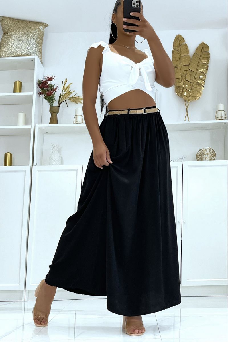 Long super fluid black lyn-effect skirt with elastic waistband and fine straw belt - 3