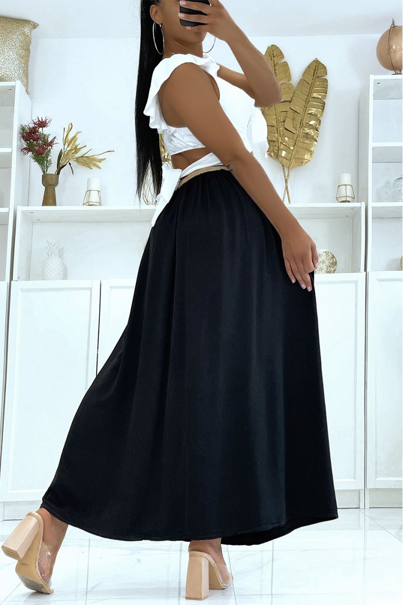 Long super fluid black lyn-effect skirt with elastic waistband and fine straw belt - 5