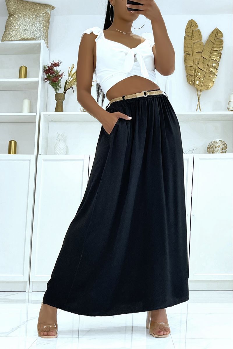 Lange supervloeiende zwarte rok met lyn-effect, elastische tailleband en riem van fijn stro - 7