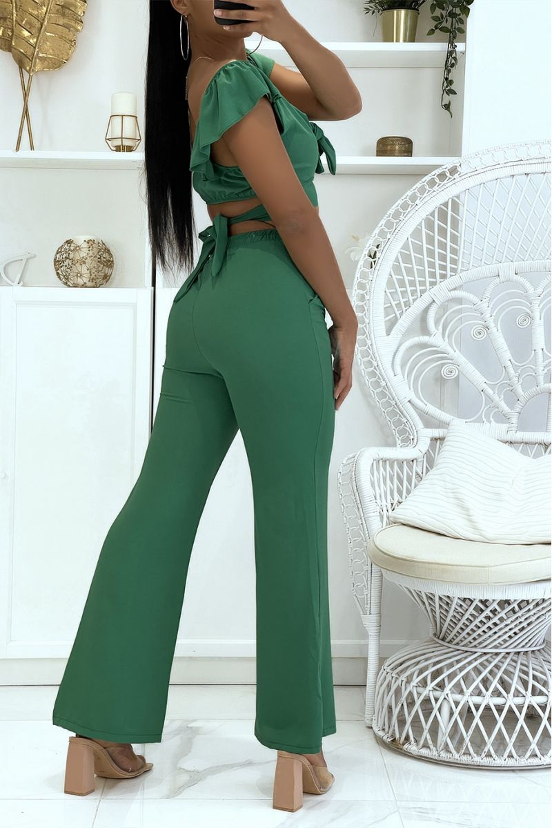 Groene soepelvallende broekset met elastische olifantenpoot in de taille en crop top die op de rug gestrikt kan worden - 2