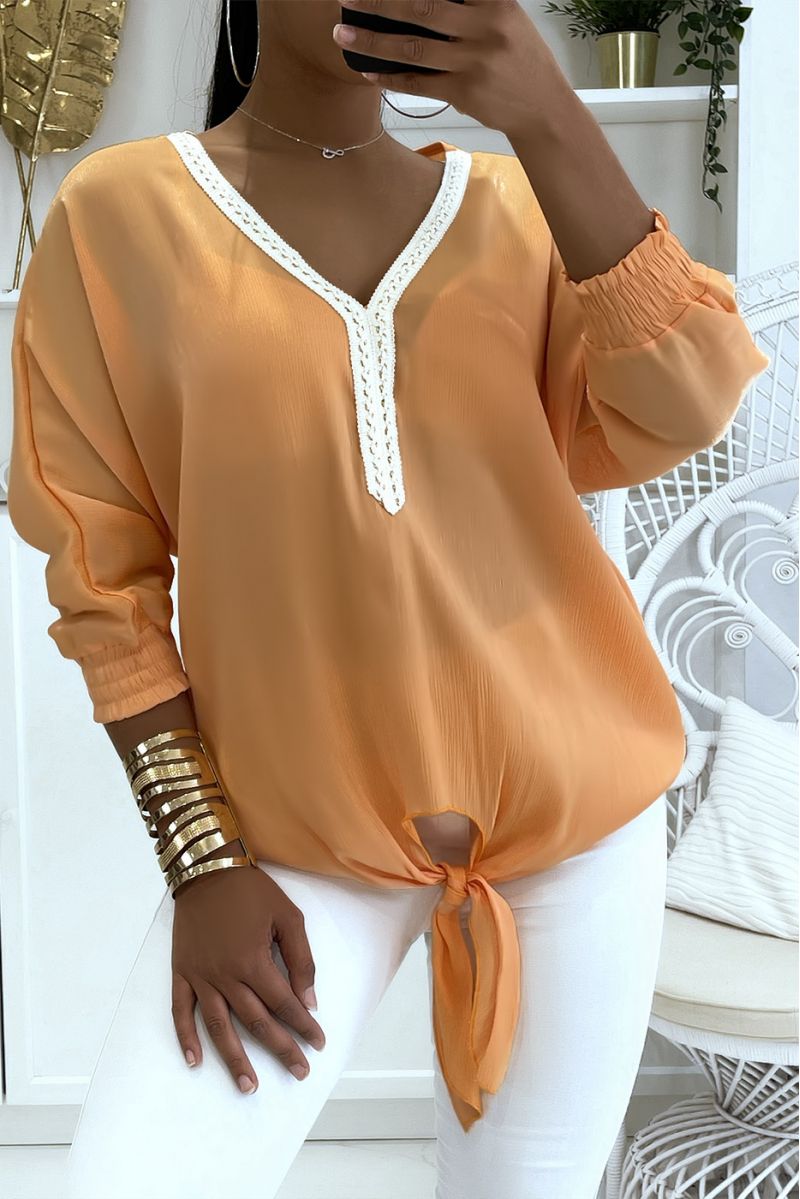 Solid color salmon blouse with slight shiny reflection long elastic sleeves at the wrist - 1