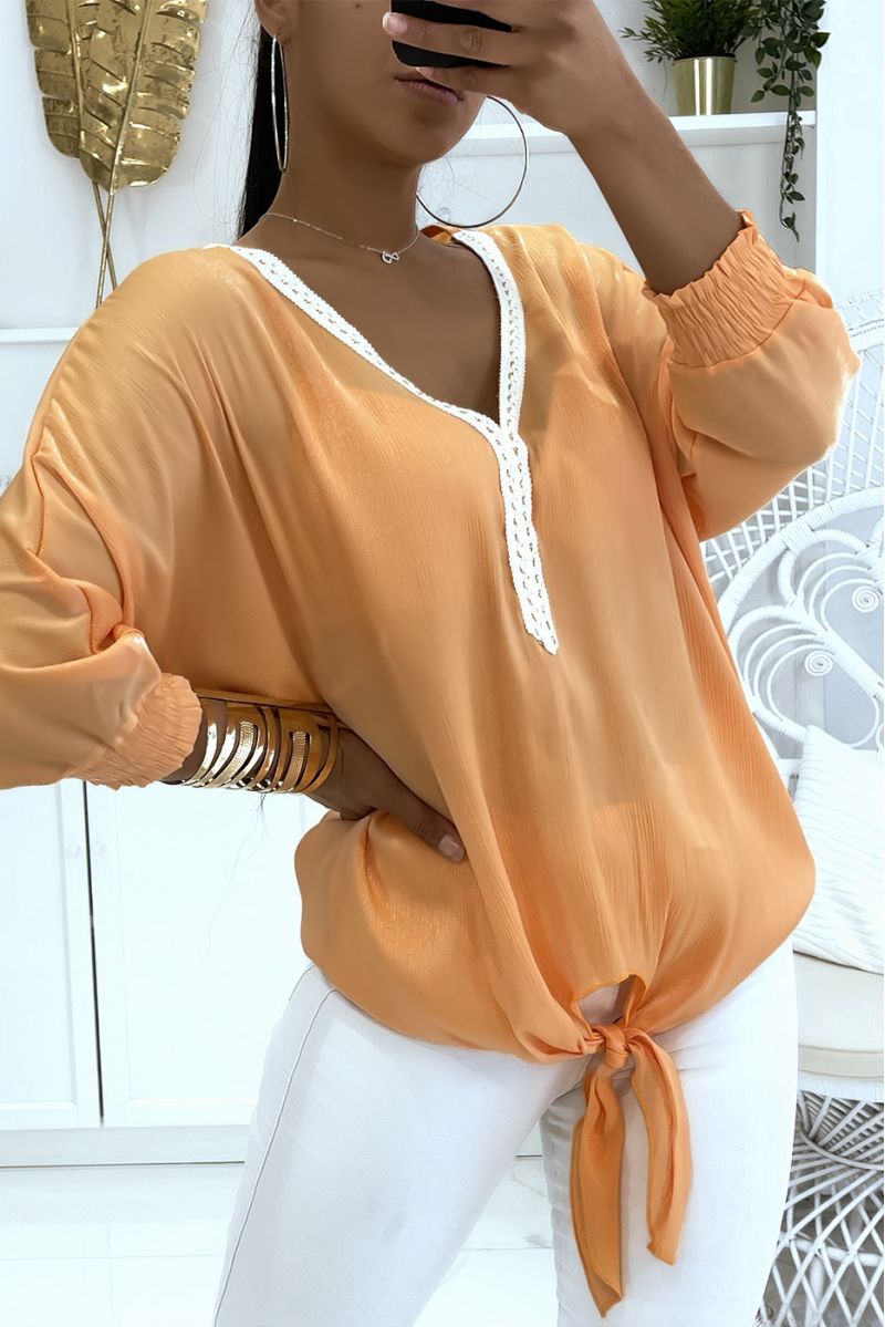 Solid color salmon blouse with slight shiny reflection long elastic sleeves at the wrist - 2