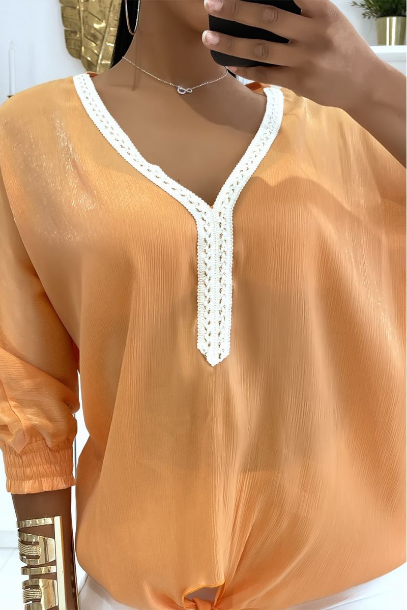 Solid color salmon blouse with slight shiny reflection long elastic sleeves at the wrist - 3