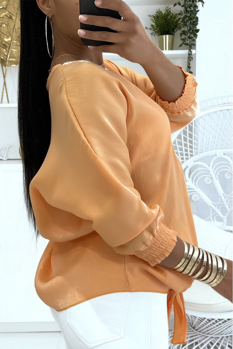 Blouse saumon couleur unie avec léger reflet brillant manches longues élastiques au poignet  - 4