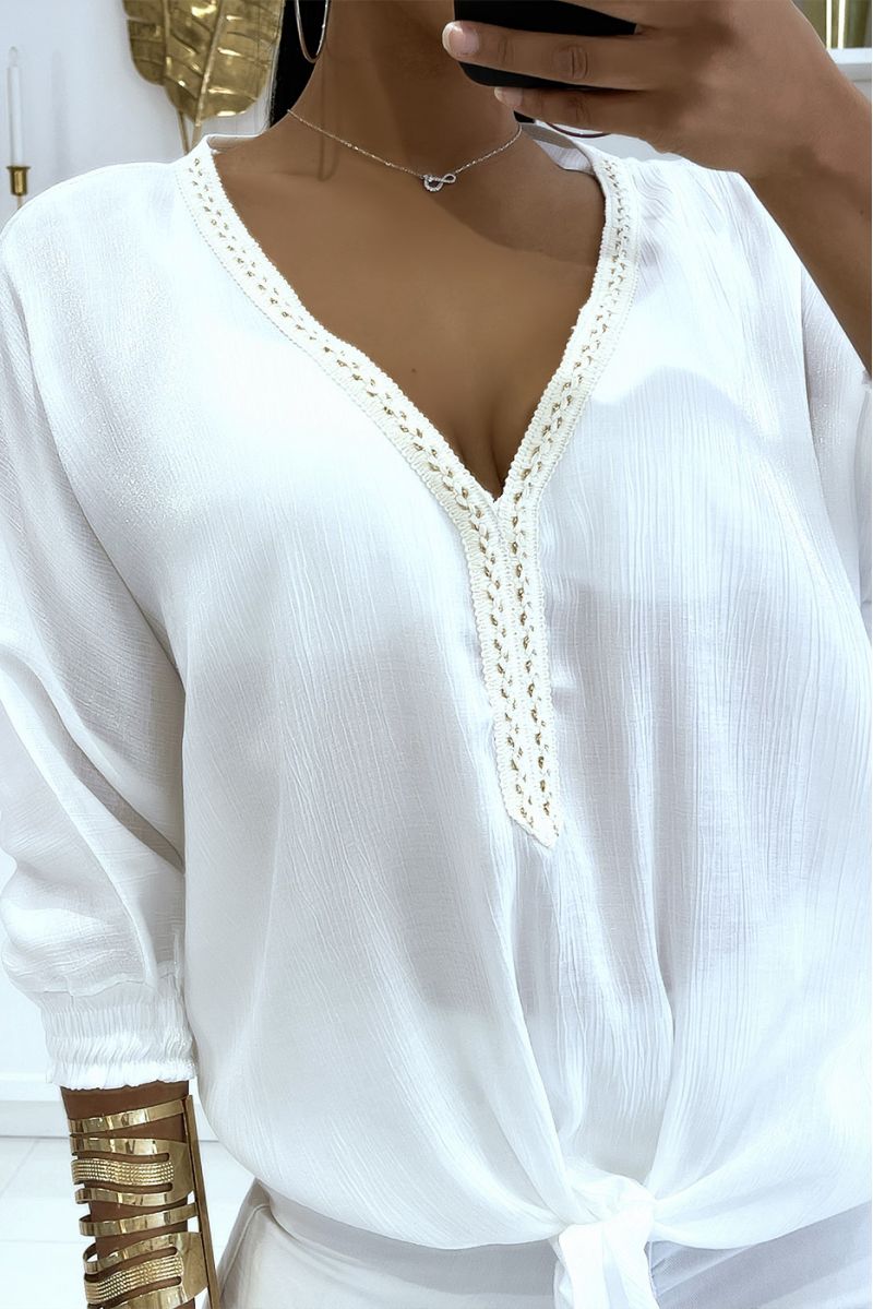 Effen kleur witte blouse met lichte glanzende reflectie lange elastische mouwen bij de pols - 3
