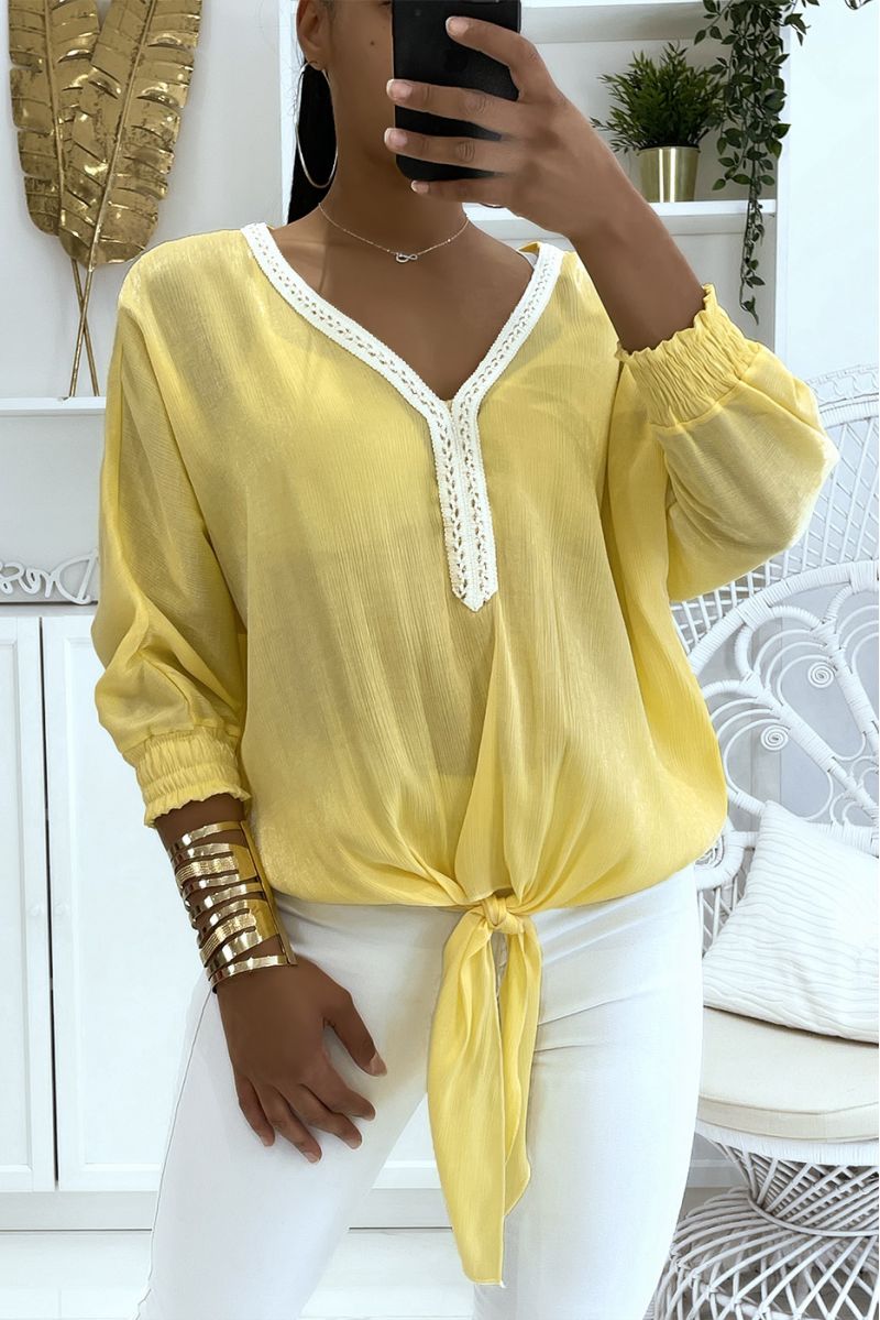 Solid color yellow blouse with slight shiny reflection long elastic sleeves at the wrist - 1