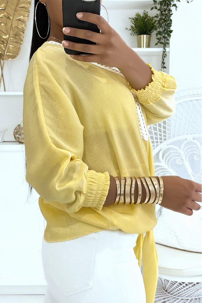 Blouse jaune couleur unie avec léger reflet brillant manches longues élastiques au poignet  - 2