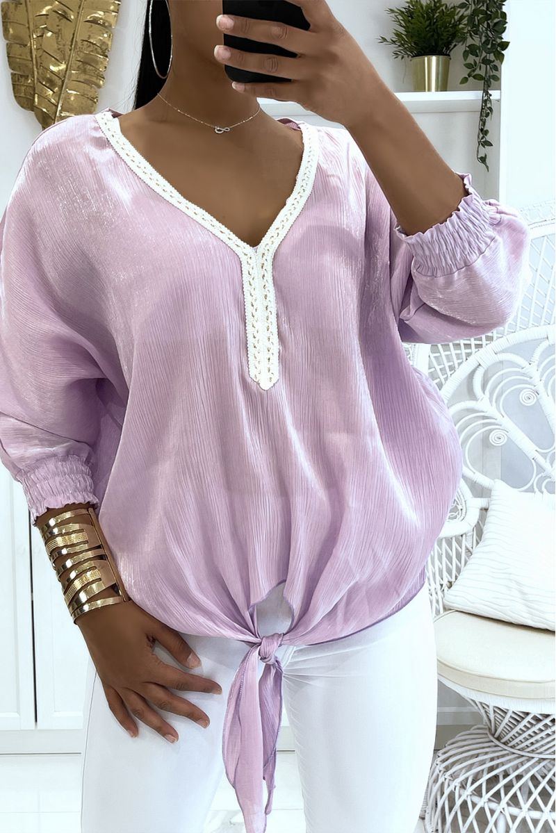 Effen kleur lila blouse met licht glanzende reflectie lange elastische mouwen bij de pols - 1