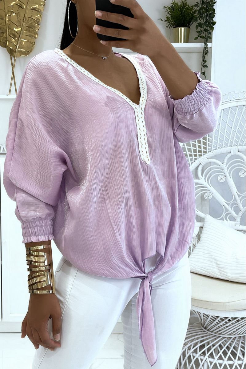 Effen kleur lila blouse met licht glanzende reflectie lange elastische mouwen bij de pols - 2