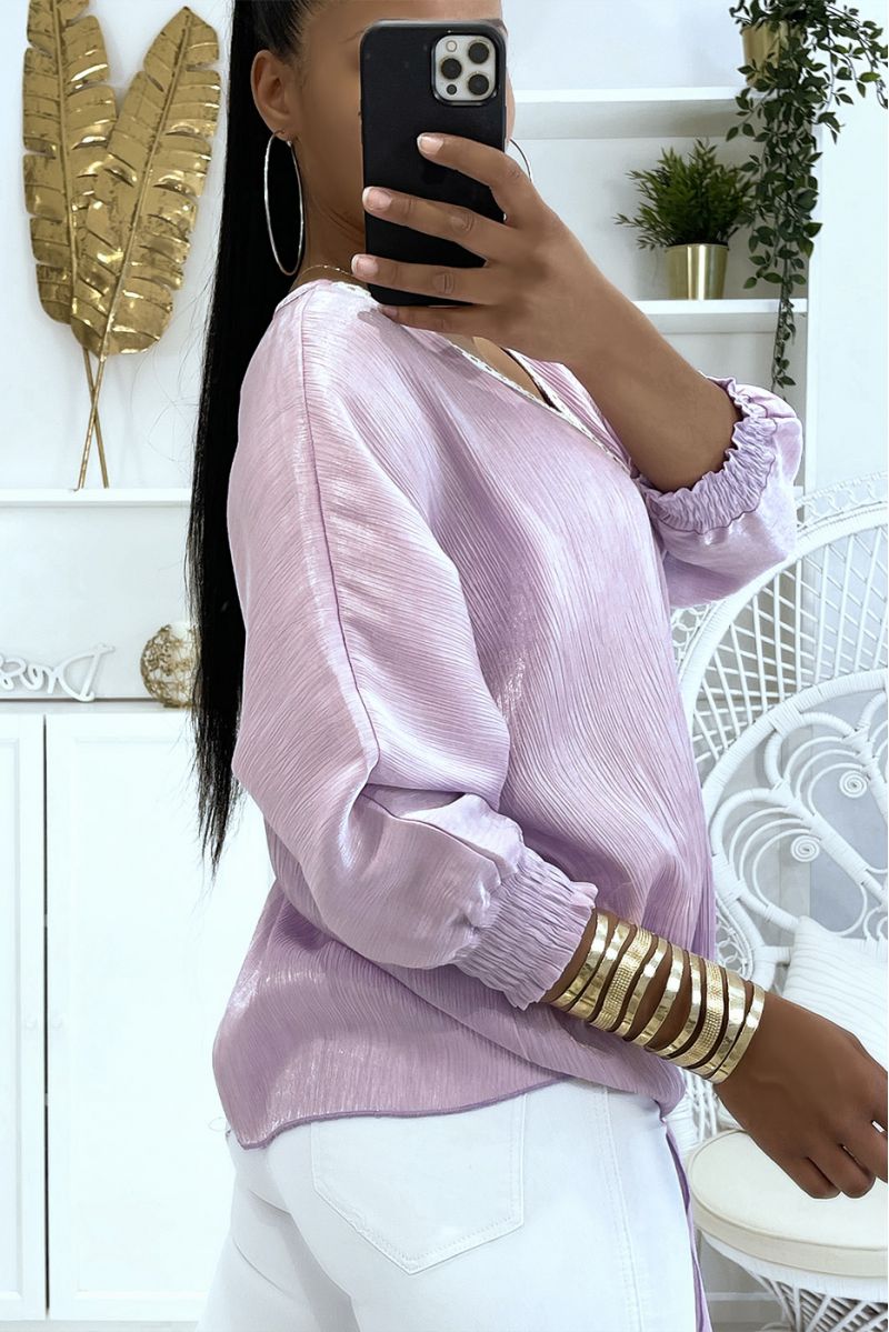 Solid color lilac blouse with slight shiny reflection long elastic sleeves at the wrist - 3