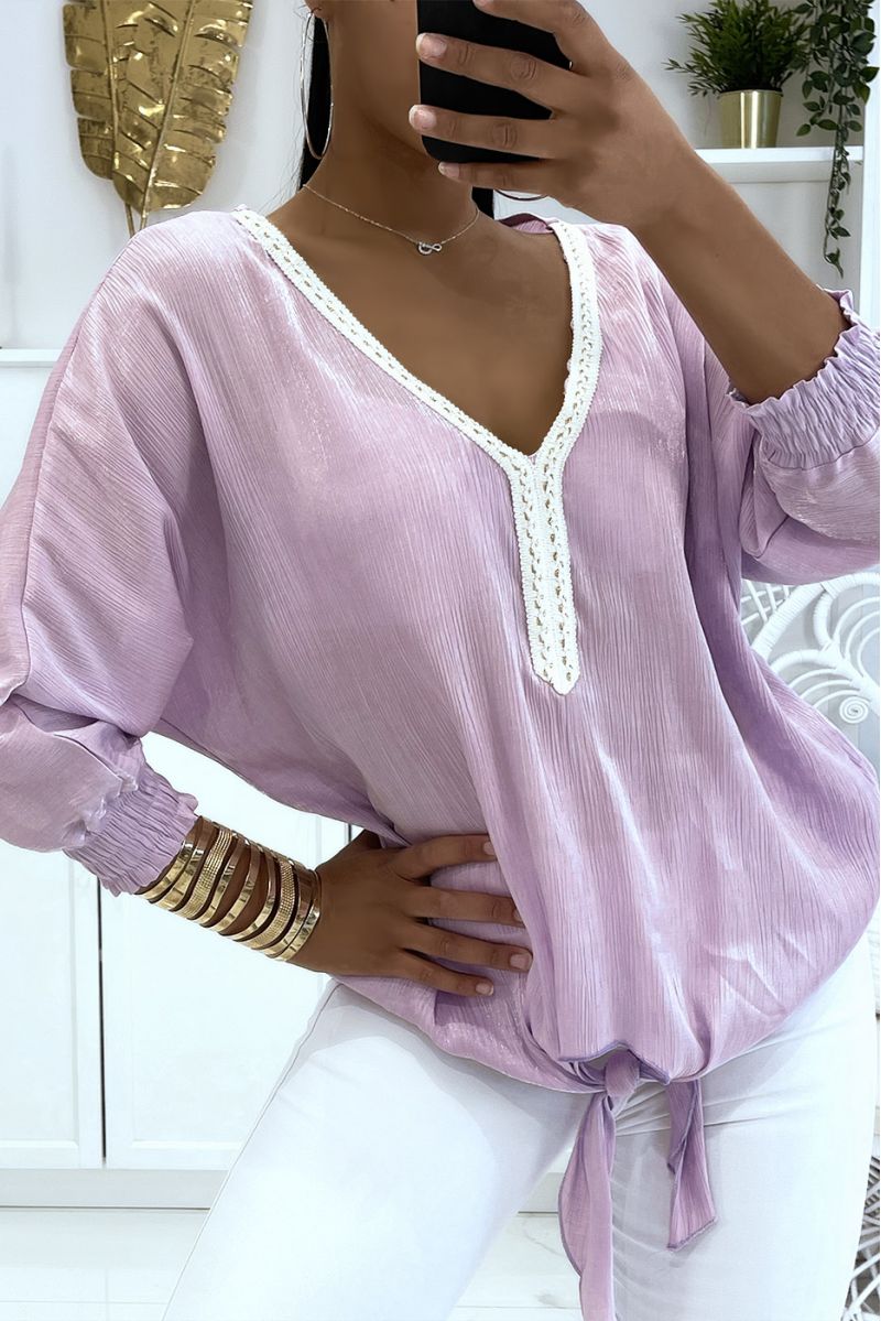 Effen kleur lila blouse met licht glanzende reflectie lange elastische mouwen bij de pols - 5