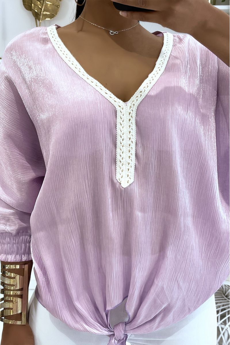 Solid color lilac blouse with slight shiny reflection long elastic sleeves at the wrist - 6