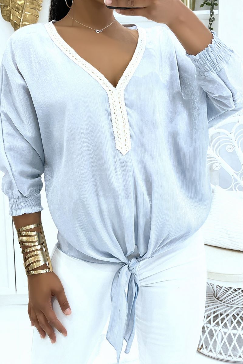 Solid color blue blouse with slight shiny reflection long elastic sleeves at the wrist - 1