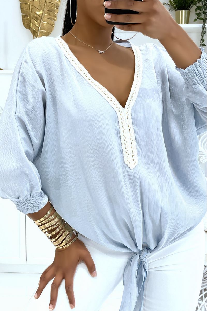 Solid color blue blouse with slight shiny reflection long elastic sleeves at the wrist - 2
