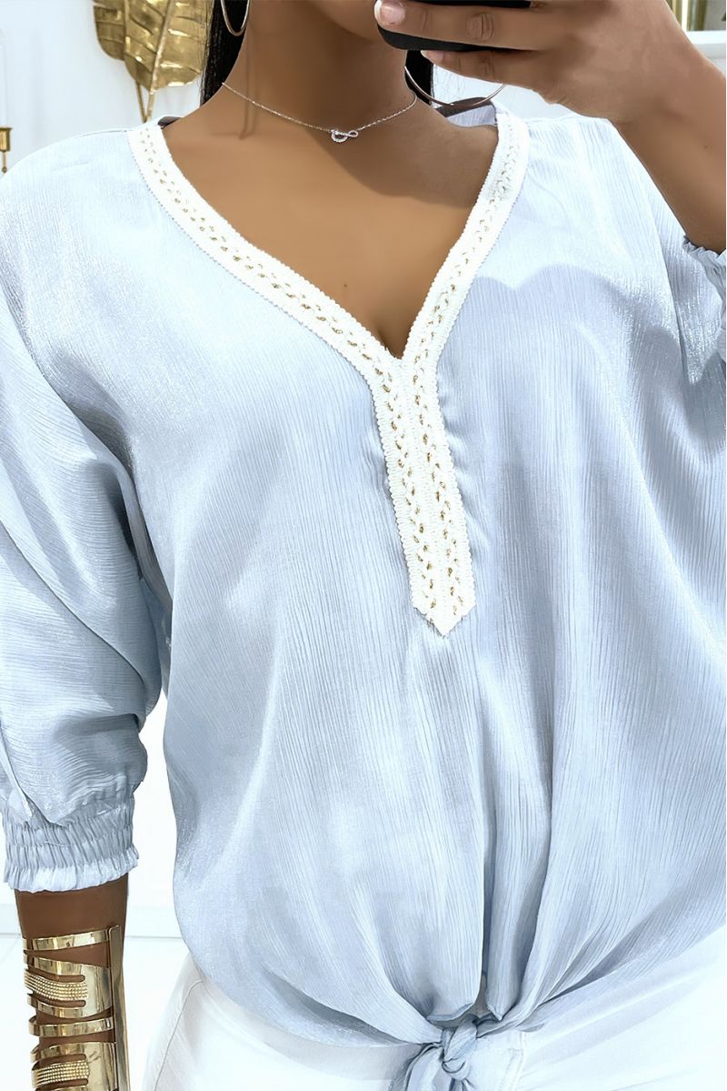 Effen kleur blauwe blouse met lichte glanzende reflectie lange elastische mouwen bij de pols - 4