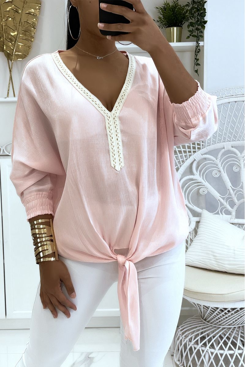 Effen kleur roze blouse met lichte glanzende reflectie lange elastische mouwen bij de pols - 1