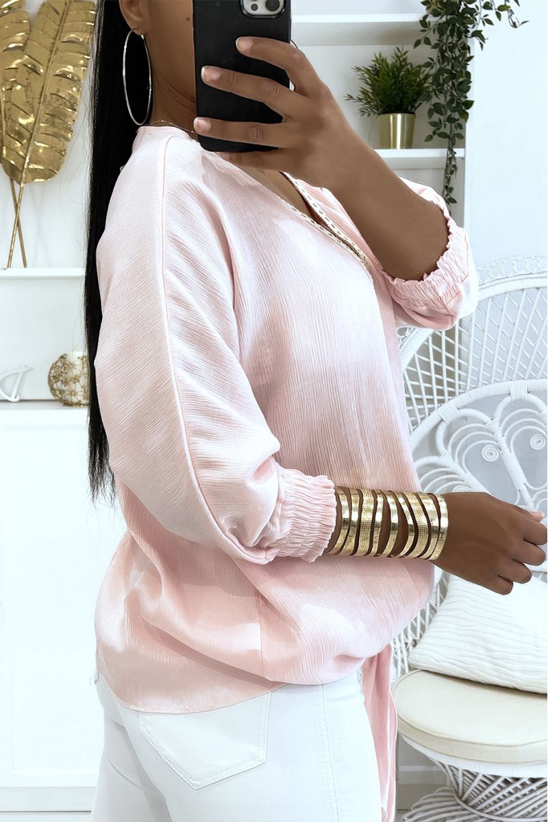 Solid color pink blouse with slight shiny reflection long elastic sleeves at the wrist - 2