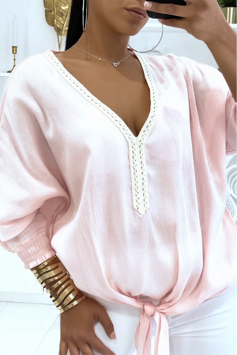 Effen kleur roze blouse met lichte glanzende reflectie lange elastische mouwen bij de pols - 4