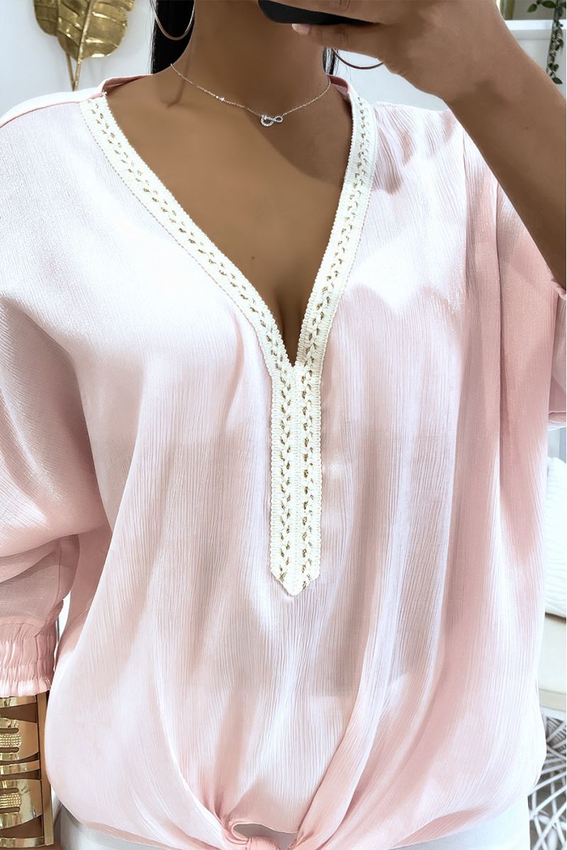 Effen kleur roze blouse met lichte glanzende reflectie lange elastische mouwen bij de pols - 5