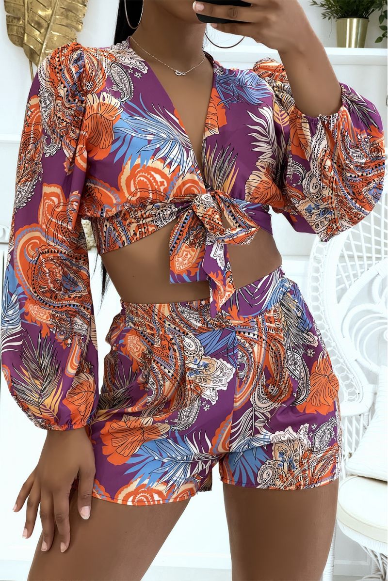Ensemble top croisé et short lilas avec jolie motif  - 5