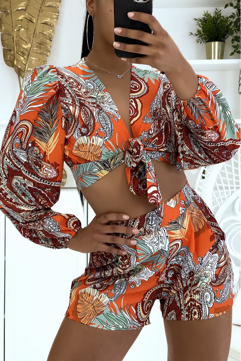 Orange crossed top and shorts set with pretty pattern - 6