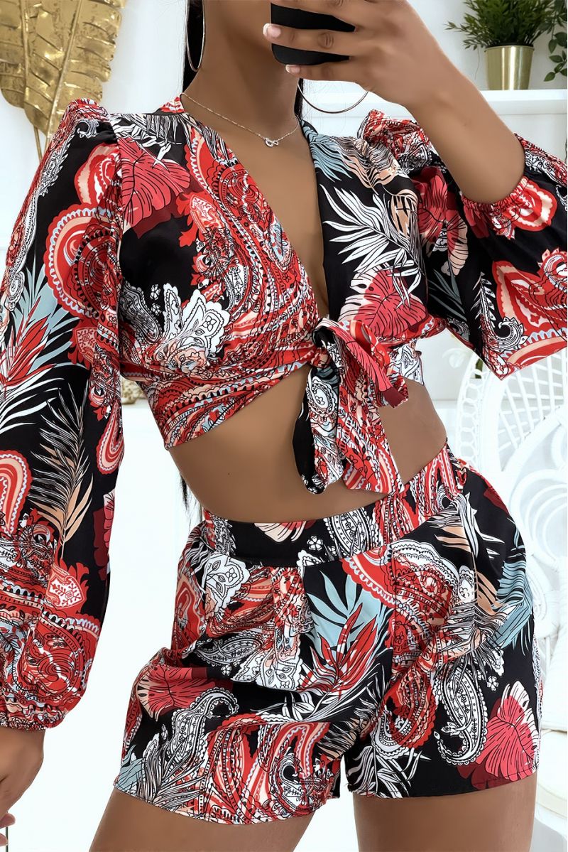 Ensemble top croisé et short noir avec jolie motif  - 5