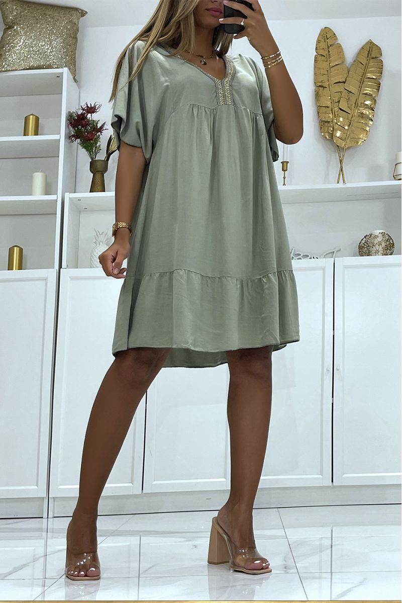 Khaki cotton tunic dress with gold embroidery on the collar - 2