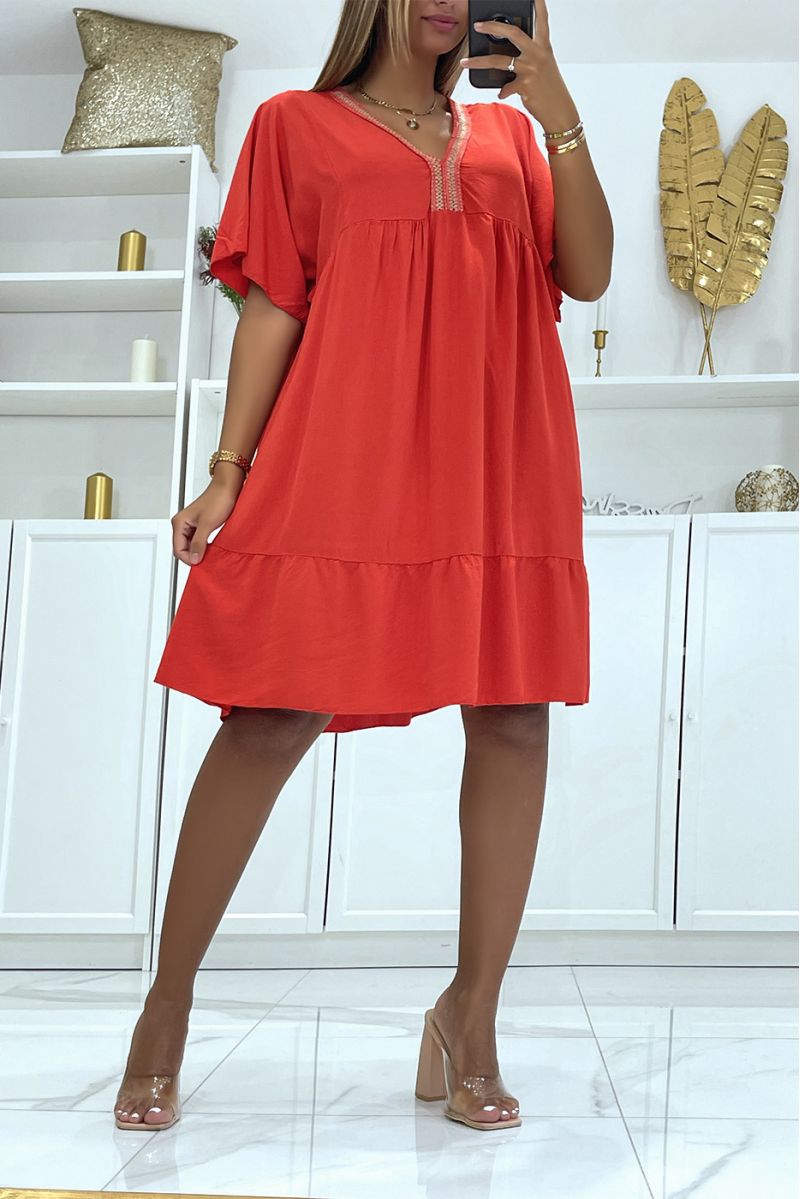Robe tunique rouge en coton avec broderie doré au col - 1