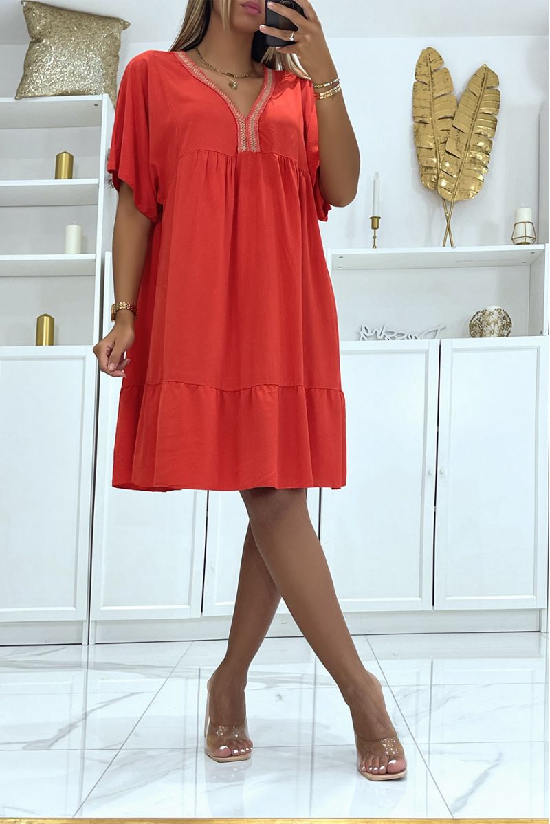 Robe tunique rouge en coton avec broderie doré au col - 2