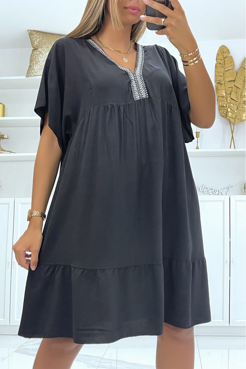 Black cotton tunic dress with gold embroidery on the collar - 3
