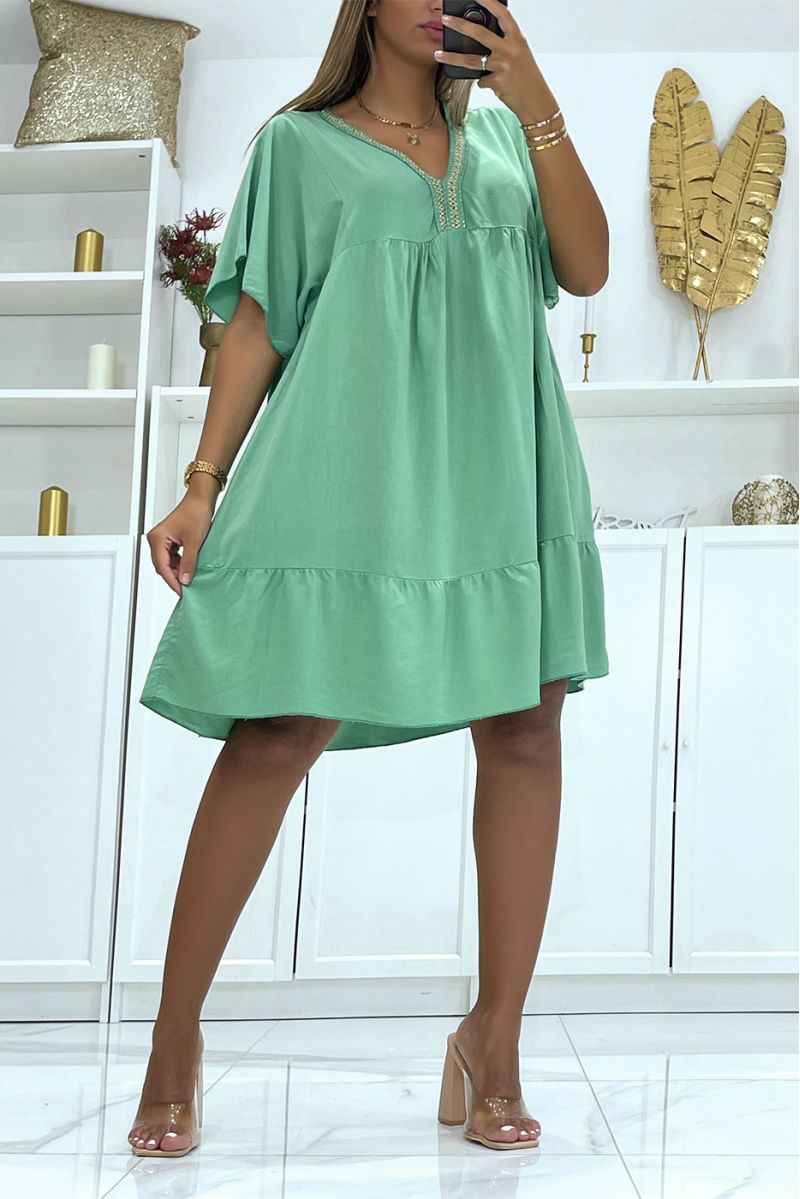 Green cotton tunic dress with gold embroidery on the collar - 1