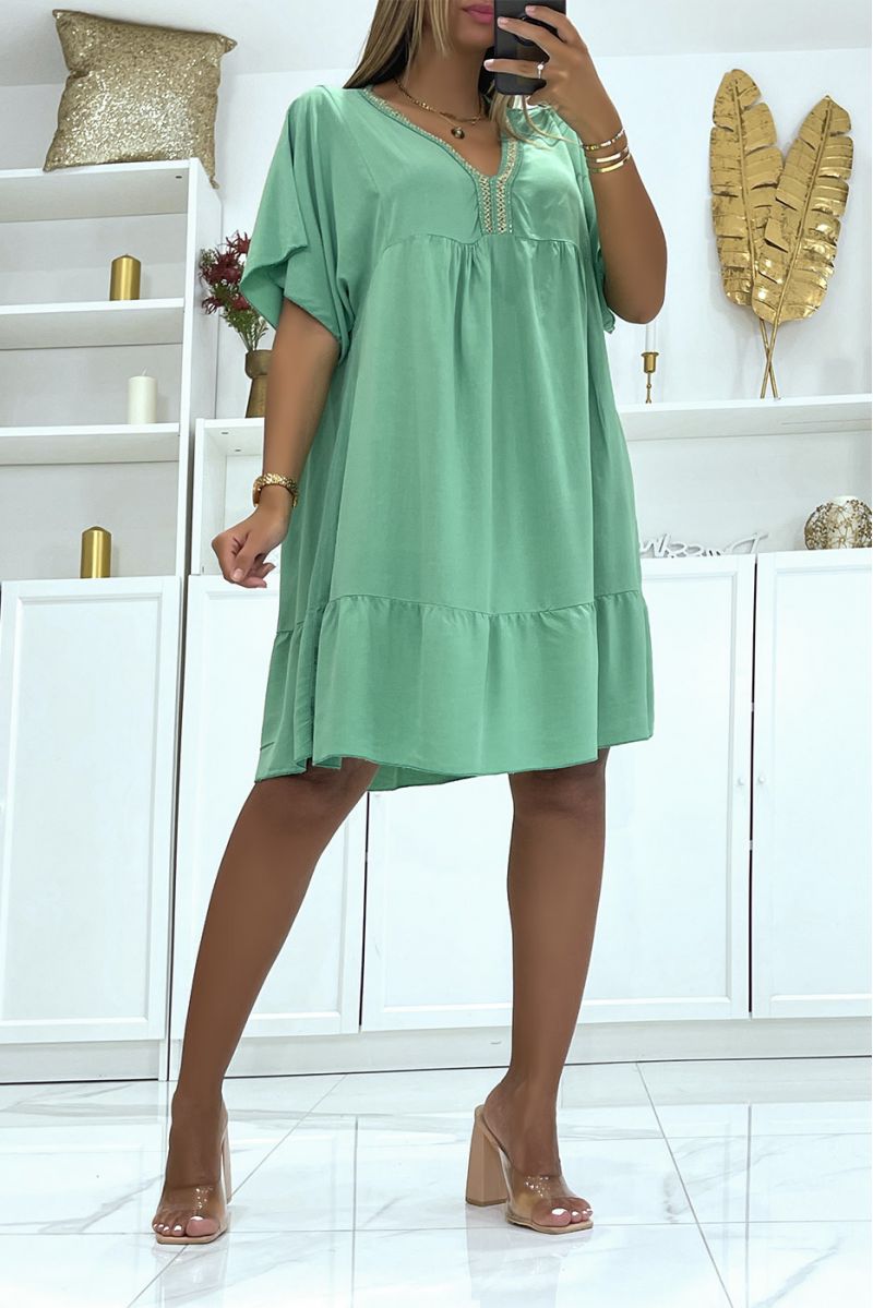 Green cotton tunic dress with gold embroidery on the collar - 2