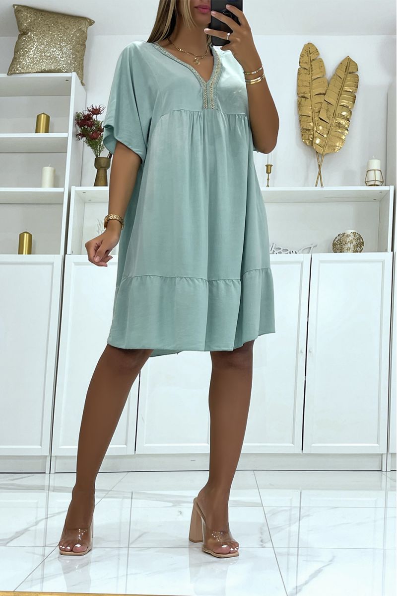 Water green cotton tunic dress with gold embroidery on the collar - 1