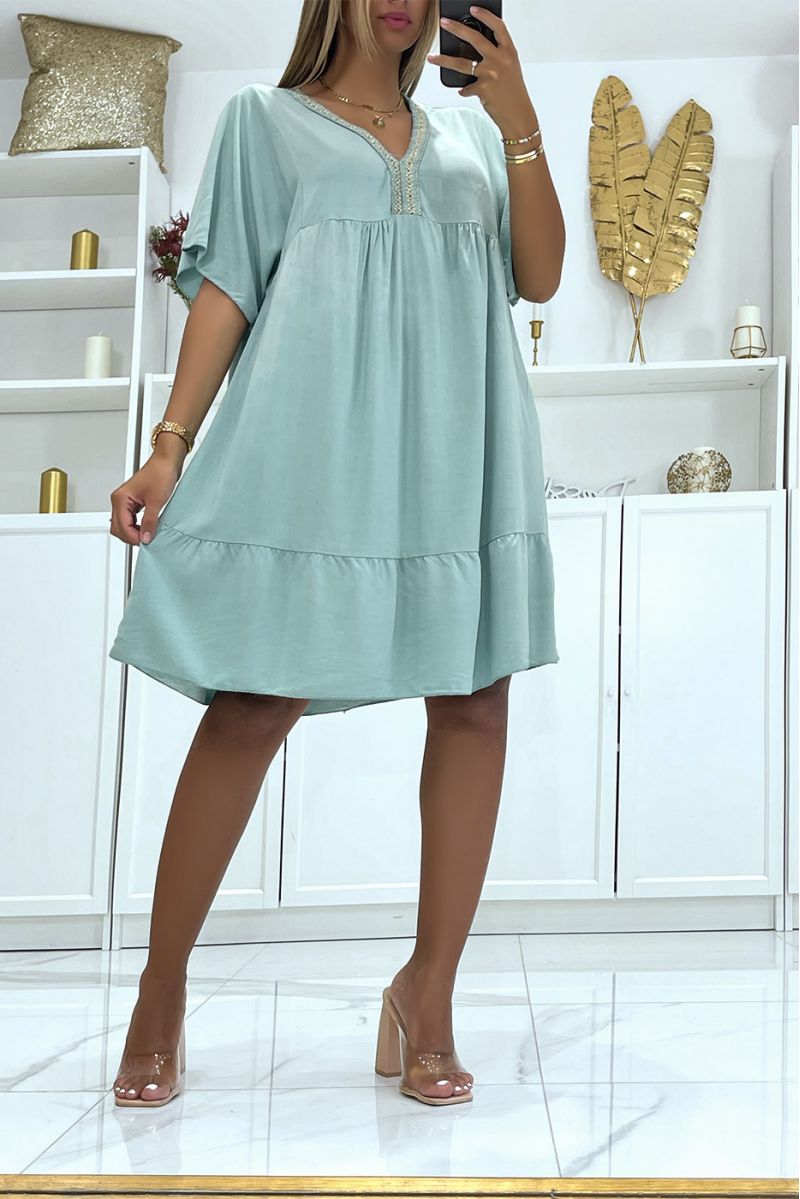 Water green cotton tunic dress with gold embroidery on the collar - 2