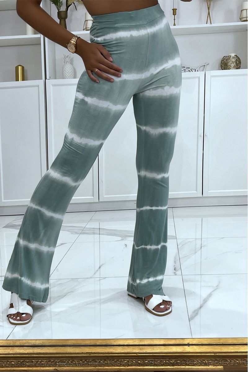 Watergroene strakke broek met tweekleurige stropdas en olifantenbeenelastiek in de taille met sterven effect - 2