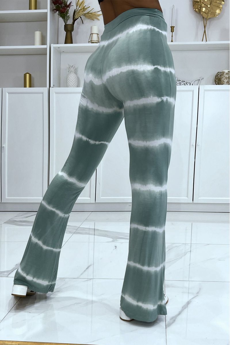 Watergroene strakke broek met tweekleurige stropdas en olifantenbeenelastiek in de taille met sterven effect - 3