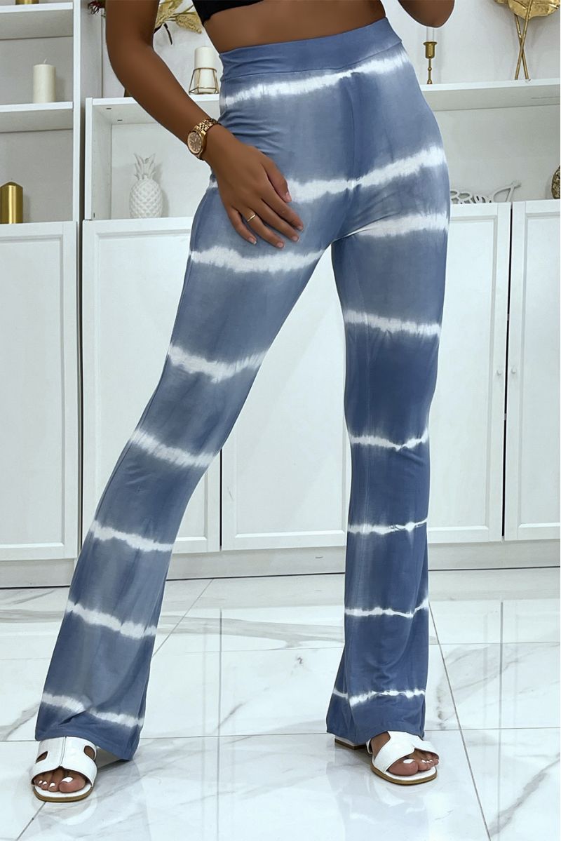 Pantalon moulant bleu patte d'éléphant effet tye and die bicolore élastique à la taille  - 1