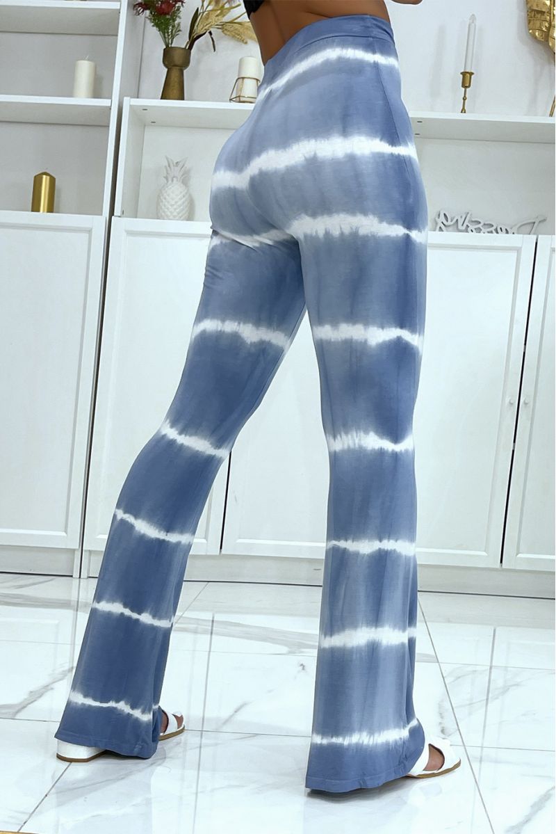 Pantalon moulant bleu patte d'éléphant effet tye and die bicolore élastique à la taille  - 3