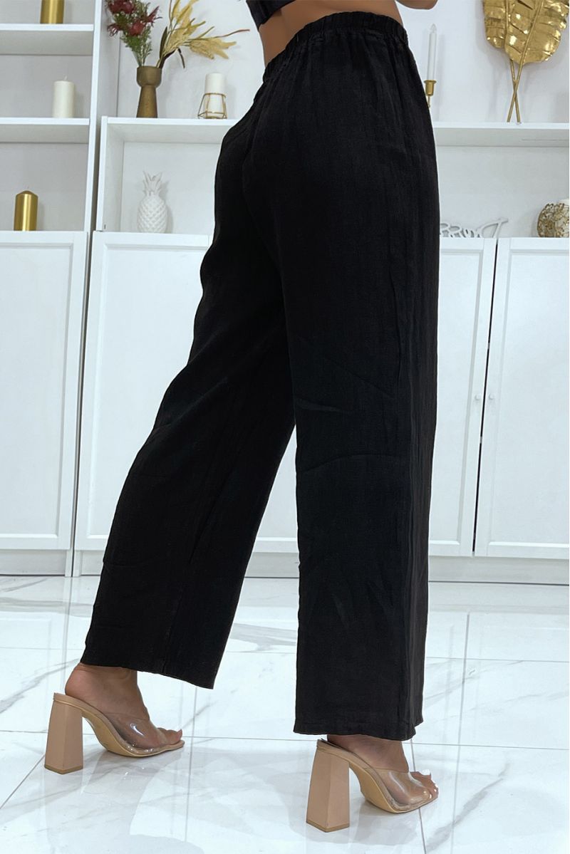 Black elastic waist linen palazzo pants - 3